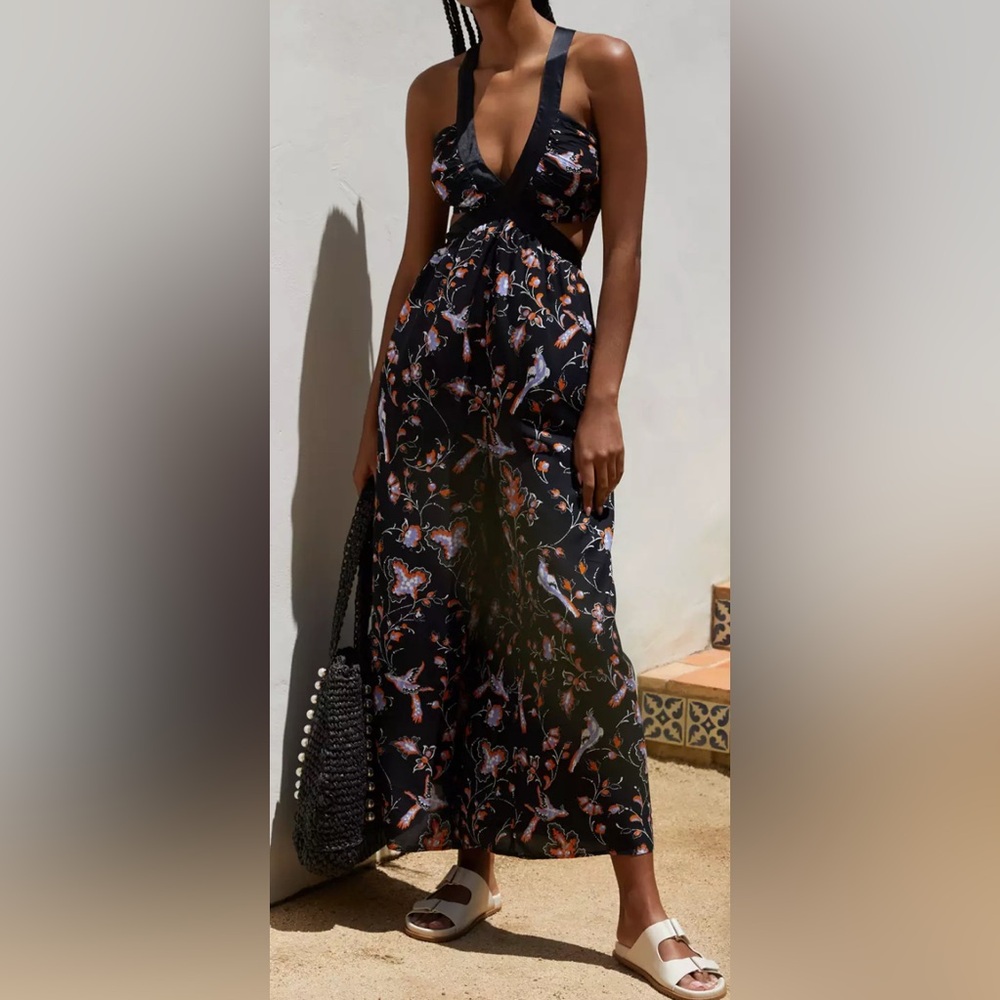 NWT By Anthropologie The Brinley V-Neck Wide Leg Jumpsuit Nordstrom L Bird Print